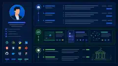 An illustration of a structured resume layout with sections for Experience, Projects, and Education, featuring bullet points and technology icons on a dark background with vibrant accents.