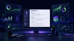 An illustration of a futuristic workspace with a computer displaying a resume filled with bullet points, surrounded by holographic displays showing metrics related to accomplishments.