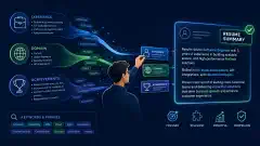 An illustration of a professional resume summary being built, featuring abstract elements representing experience and achievements, against a dark navy background with vibrant blue and green accents.