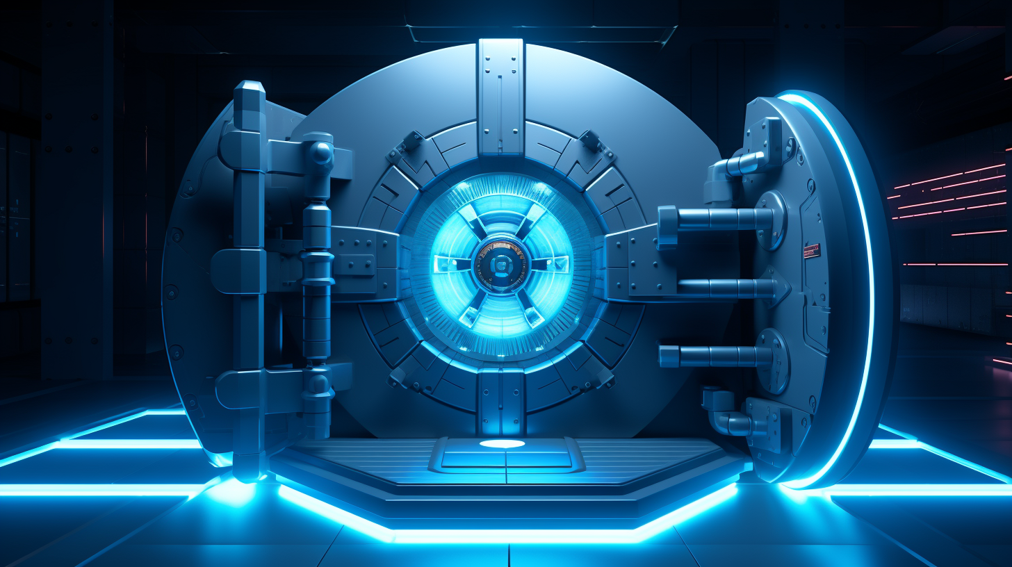 A 3D animated illustration showing a locked vault protected by a shield, representing secure access control on Linux systems.