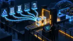 Dependency, build, test, and attestation evidence converge at a release gate for review.