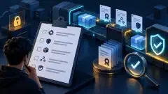 A learner reviews a CI/CD security checklist beside pipeline and artifact symbols.