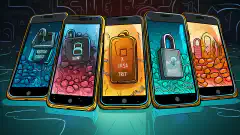 An illustration of four smartphones, each representing Session, Status, Signal, and Threema, secured with locks, highlighting their focus on secure messaging.