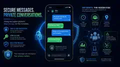 An illustration of a smartphone showing encrypted chat bubbles, surrounded by abstract icons representing metadata risks, set against a dark navy background with vibrant accent colors.