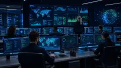 A Security Operations Center with multiple analysts working at desks, monitoring screens filled with colorful graphs and alerts against a dark background.