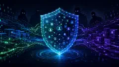 An illustration of a digital shield made of interconnected nodes, symbolizing online privacy protection. The background is dark, with abstract representations of data brokers and binary code in vibrant colors.