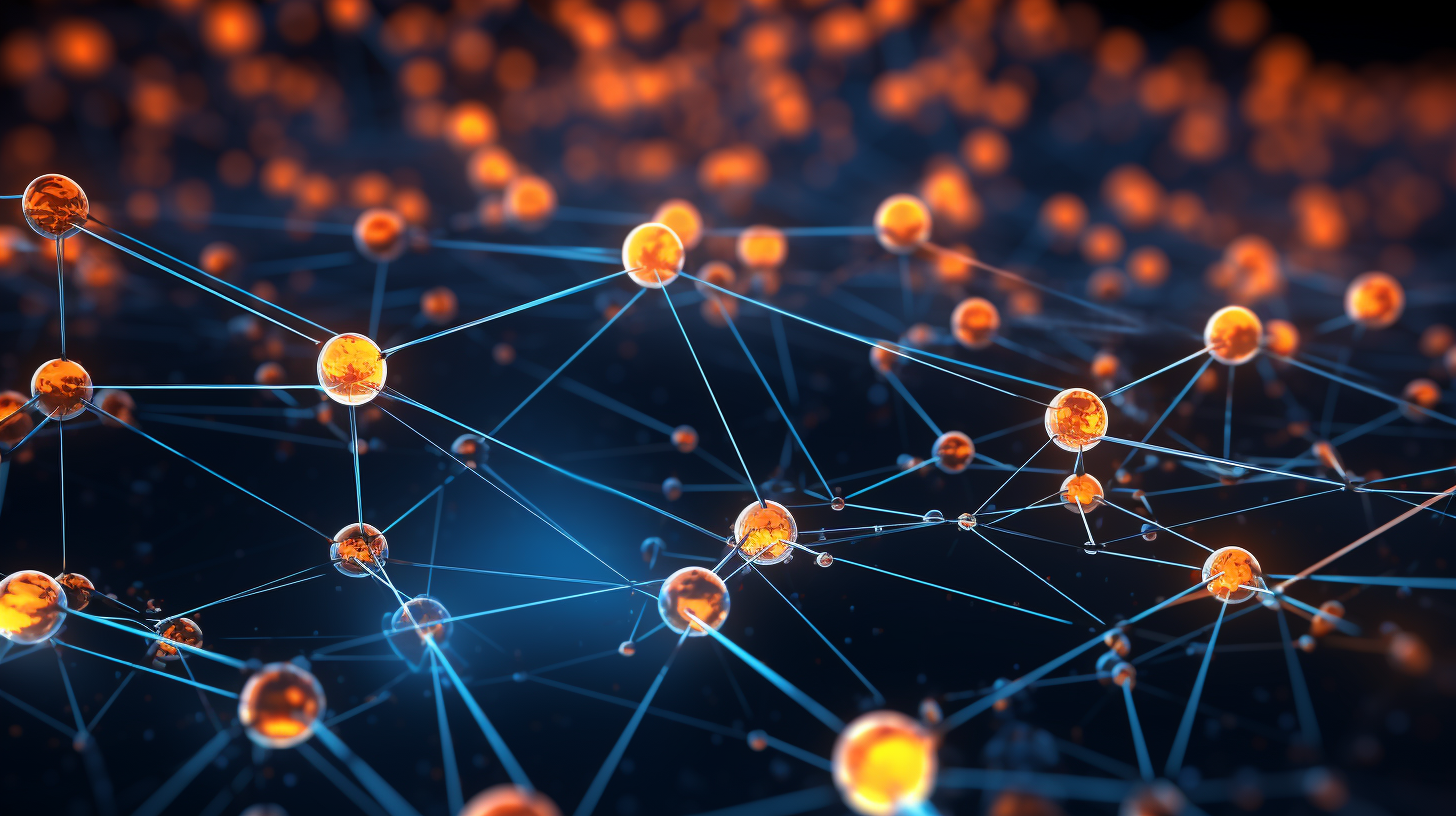 A 3D animated illustration showing interconnected nodes and data flows within a network.