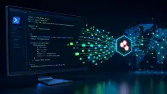 An illustration of a computer screen with PowerShell code and glowing green and cyan data packets, set against a dark navy blue background, symbolizing automated interaction with the Shodan API.
