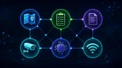 An illustration showing interconnected nodes representing cybersecurity and privacy tools in vibrant colors against a dark background.