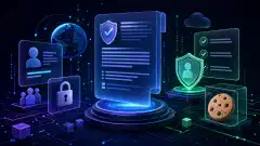 An abstract digital landscape illustrating website terms and conditions, featuring stylized representations of documents and user agreements in vibrant colors against a dark background.
