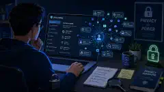 A person at a desk focused on a laptop displaying abstract icons symbolizing personal data. The dark background contrasts with vibrant colors from the screen and desk items related to privacy.