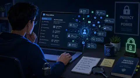 A person at a desk focused on a laptop displaying abstract icons symbolizing personal data. The dark background contrasts with vibrant colors from the screen and desk items related to privacy.