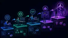 An illustration showing a stylized career ladder for software developers with distinct icons for each role, connected by arrows on a dark background with vibrant colors.