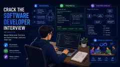 A software developer sits at a desk with a laptop displaying code, surrounded by floating graphics representing behavioral and technical interview concepts in vibrant colors against a dark background.
