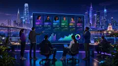A digital illustration of a futuristic city skyline with diverse software developers collaborating around a large screen showing colorful graphs and salary figures, all set against a dark background.