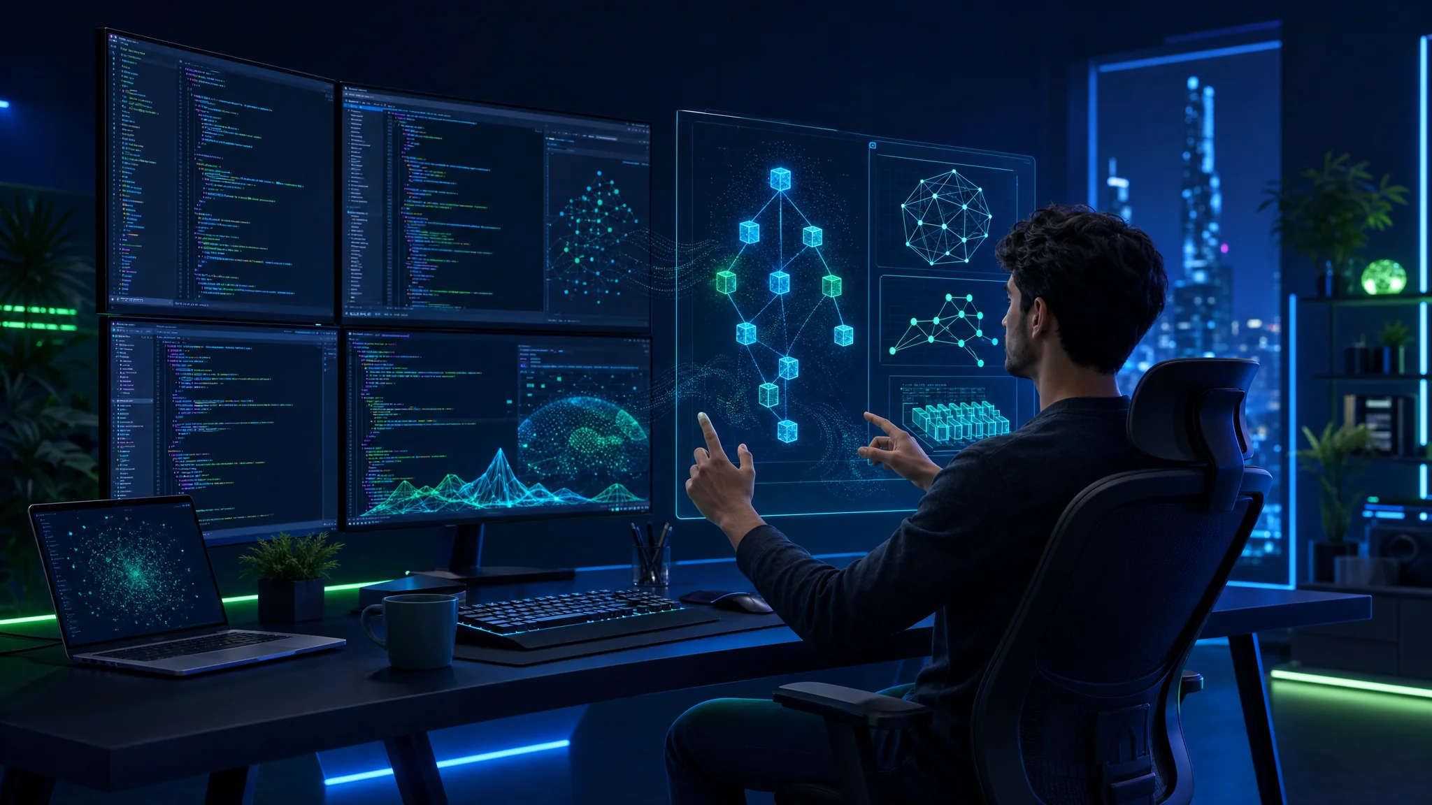A developer at a modern desk with multiple monitors showing code and project portfolios, engaged in a technical discussion with a holographic interface displaying algorithms.