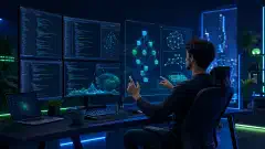 A developer at a modern desk with multiple monitors showing code and project portfolios, engaged in a technical discussion with a holographic interface displaying algorithms.
