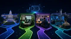 An illustration showing four paths to a career in software development: a university campus, a coding bootcamp classroom, a home study area, and a military training base, all set against a dark background.