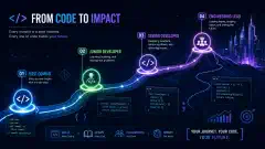 An illustration of a software developer's career path featuring glowing nodes labeled with career milestones like 'First Commit' and 'Engineering Lead', connected by lines against a dark navy background.