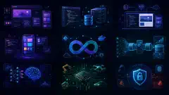An illustration showing various software development specializations, featuring abstract representations of code, user interfaces, data pipelines, and cloud architectures on a dark background.