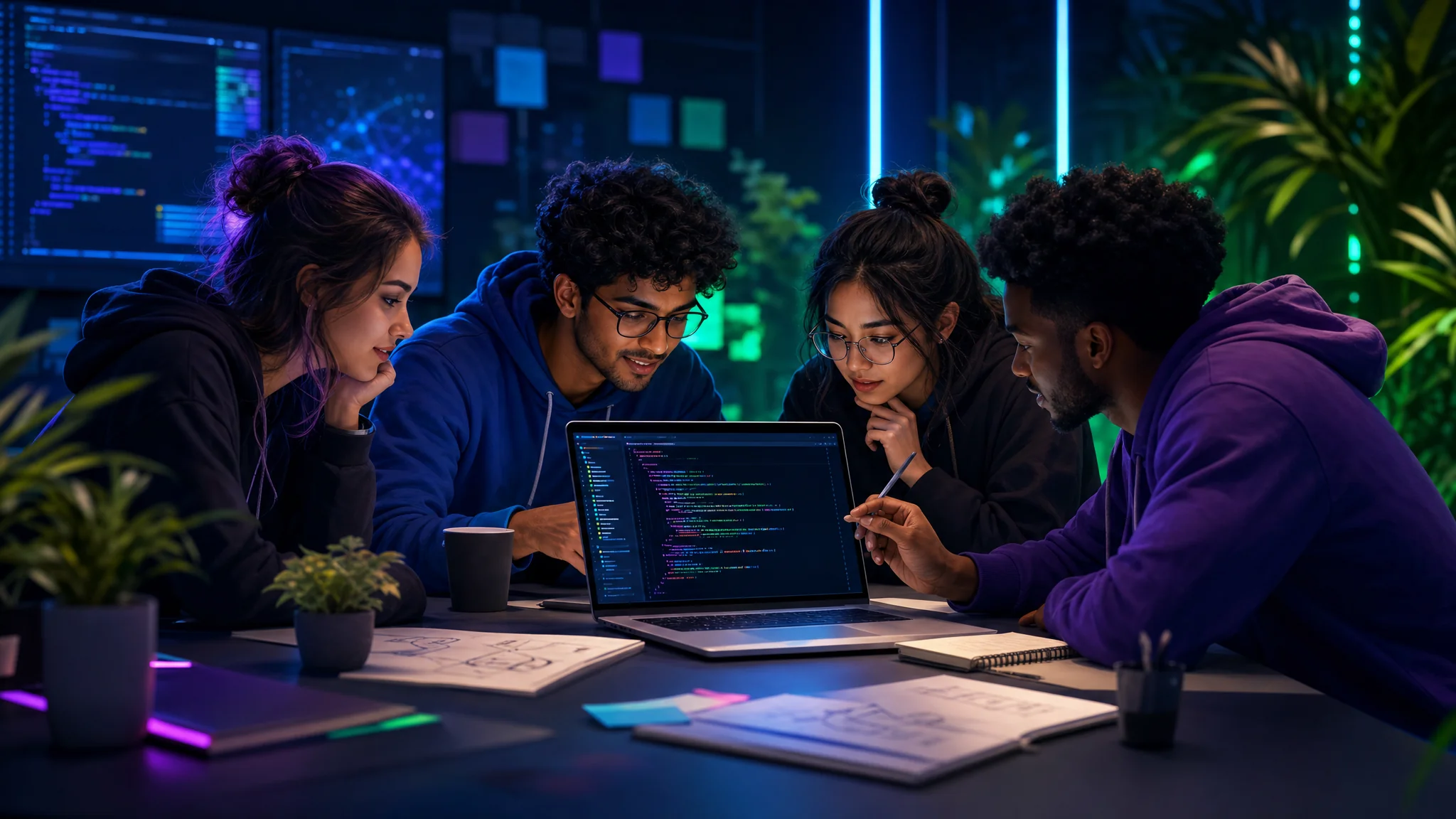 A diverse group of students collaborates around a laptop, analyzing code and discussing software engineering internship tasks in a modern workspace with a dark background.