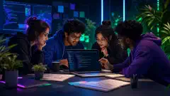A diverse group of students collaborates around a laptop, analyzing code and discussing software engineering internship tasks in a modern workspace with a dark background.