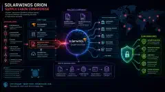 An illustration showing a dark, intricate web of computer networks under attack, with glowing data streams and digital shields. The colors are vibrant blues, greens, and purples against a dark background.