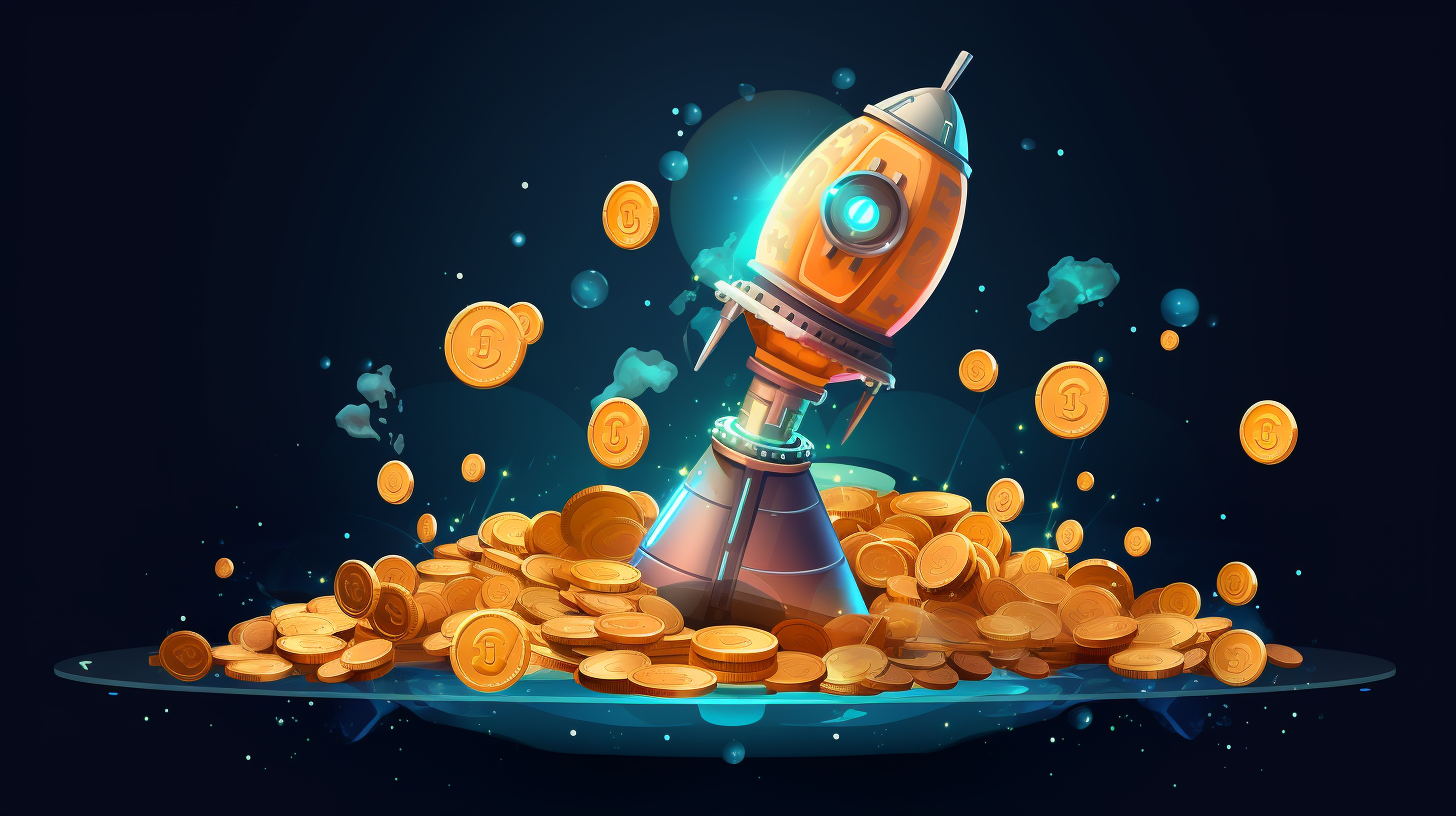 An eye-catching cartoon illustration of a rocket-powered spaceship mining cryptocurrencies in outer space, symbolizing the eco-friendly and innovative Spacemesh mining process.