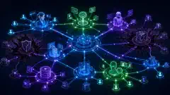 An illustration of interconnected AI systems represented as glowing nodes on a dark background, with vibrant lines showing connections and shadows indicating security vulnerabilities around some nodes.