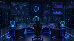 A futuristic cybersecurity control center with glowing screens showing security configurations. The workspace is illuminated with vibrant colors against a dark background, emphasizing advanced technology.