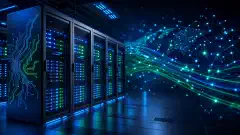 An illustration of a modern server room with a glowing server rack and interconnected digital nodes in the background, all set against a dark navy backdrop.