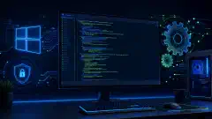A digital illustration of a computer screen showing a Powershell script for automating Windows 10 STIG compliance against a dark background, with neon blue and green accents and subtle circuitry patterns.