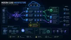 An illustration of a software system architecture with interconnected servers, data flows, and icons representing scalability, load balancing, caching, and database types, all set against a dark background.