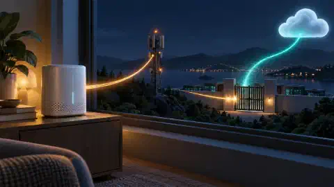 A home cellular gateway faces a distant tower and a shared network gate beside a glowing cloud connection.