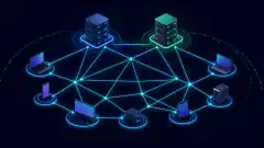 An illustration showing a mesh network with interconnected devices linked by glowing lines on a dark background. The devices are stylized icons in vibrant colors, representing secure connections.