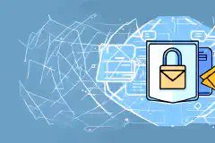 A symbolic illustration of a locked envelope surrounded by shield-like protection layers, representing email security and data protection