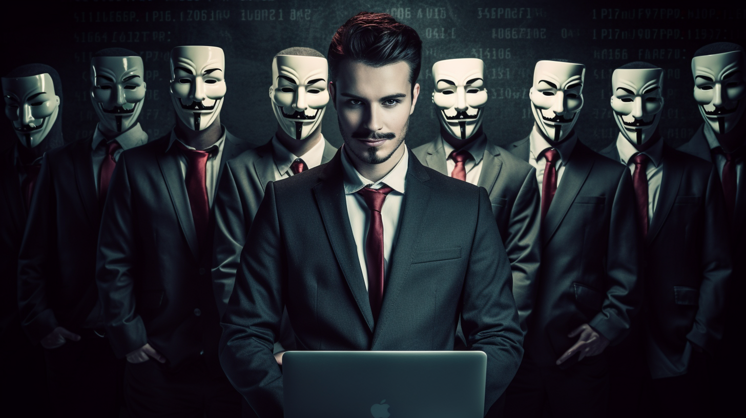 A hacker in a suit blending with employees.