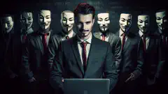 A hacker in a suit blending with employees.