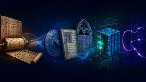 An illustration showing the evolution of cryptography: ancient symbols for ciphers, medieval patterns of letters, and modern cryptography elements like block ciphers and elliptic curves, all on a dark background.