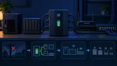 A homelab UPS powering a server, NAS, router, and switch above an outage-to-shutdown timeline.