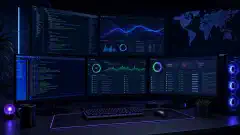 A digital illustration of a computer workstation with multiple monitors. One displays PowerShell commands and another shows graphs of virus scanning results, set against a dark background.