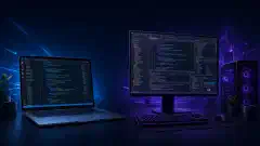 An illustration showing a laptop with Visual Studio Code on the left and a desktop with Visual Studio on the right, set against a dark background. The left side features colorful code snippets, while the right displays complex coding projects.