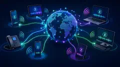An illustration of a globe with colorful lines connecting various devices like smartphones and laptops, set against a dark navy background, symbolizing VOIP communication.