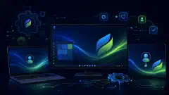 An illustration of a Windows desktop displaying a custom wallpaper, user avatar, and lock screen, with gears and circuits in the background, all on a dark backdrop with vibrant colors.