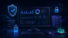 A digital illustration of a computer monitor with colorful graphs and logs, surrounded by abstract security elements like shields and checklists on a dark background.