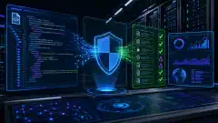 An illustration of a futuristic server room with glowing screens showing XML and BIN file structures related to Windows Defender Application Control. The dark background enhances vibrant colors.