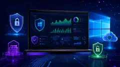 A digital illustration of a computer screen showing a cybersecurity dashboard with colorful graphs. Abstract shields and locks surround the screen, all set against a dark navy background.