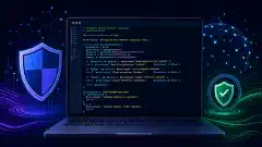 A computer screen displays a PowerShell script with highlighted code. Surrounding it are abstract cybersecurity elements like shield icons and network nodes, set against a dark background.
