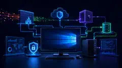 An illustration of a secure Windows environment, featuring a computer screen with abstract representations of security features like firewalls and encryption, all on a dark background.