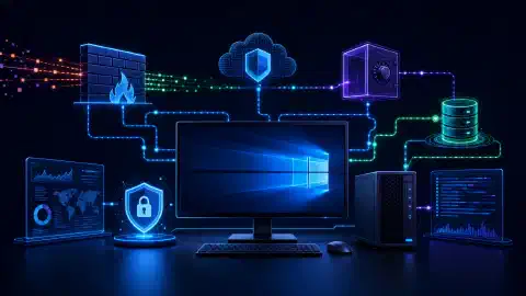 An illustration of a secure Windows environment, featuring a computer screen with abstract representations of security features like firewalls and encryption, all on a dark background.